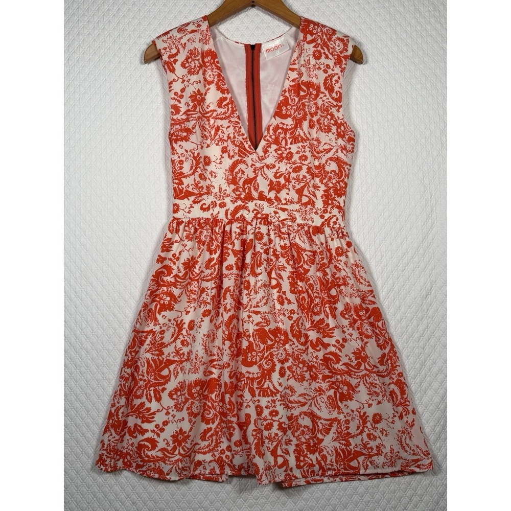 Orange Floral Mini Dress Boho Date Party‎ Deep V Neck Lined Sz S Whimsy Coquette